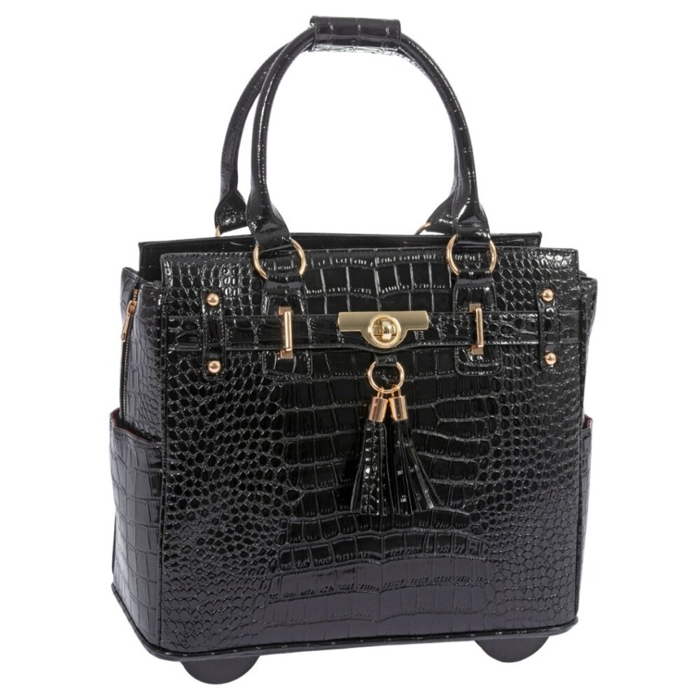 The COSMOPOLITAN Black Patent Rolling Laptop Bag, Rolling Briefcase for Women